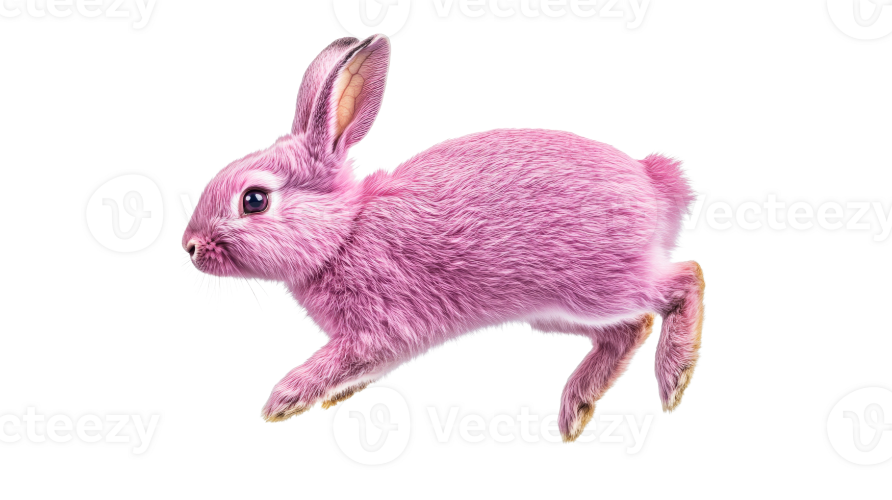 Pink rabbit hopping, isolated animal on black, cutout transparent png
