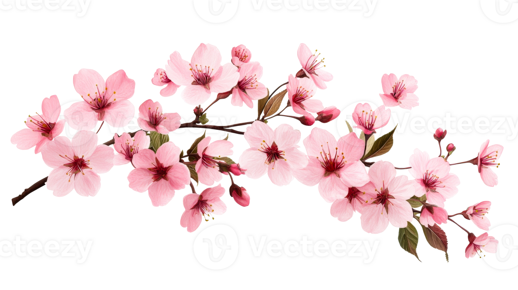 Sakura branch with pink flowers on black background, cut out transparent png