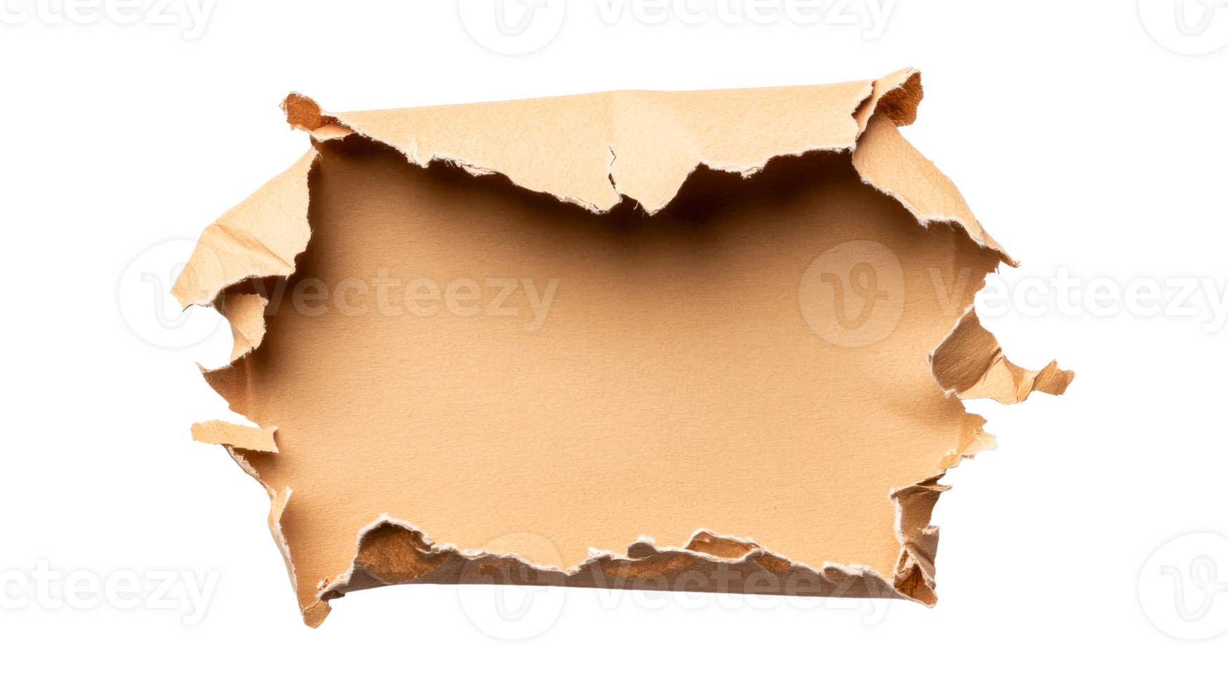 Torn kraft paper texture on black background with rough edges, cut out transparent png