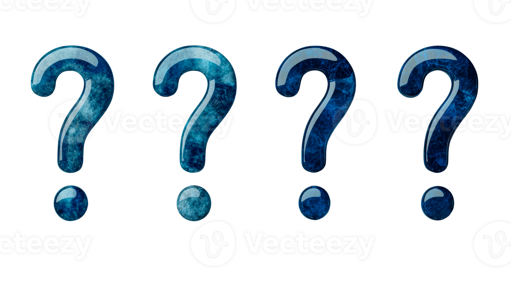Blue marble question marks in a row, isolated on black, cut out transparent png