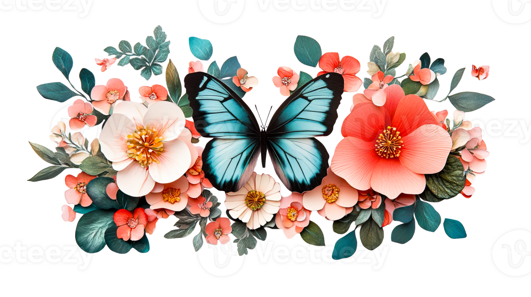 Butterfly and floral arrangement, vibrant colors, cut out transparent png