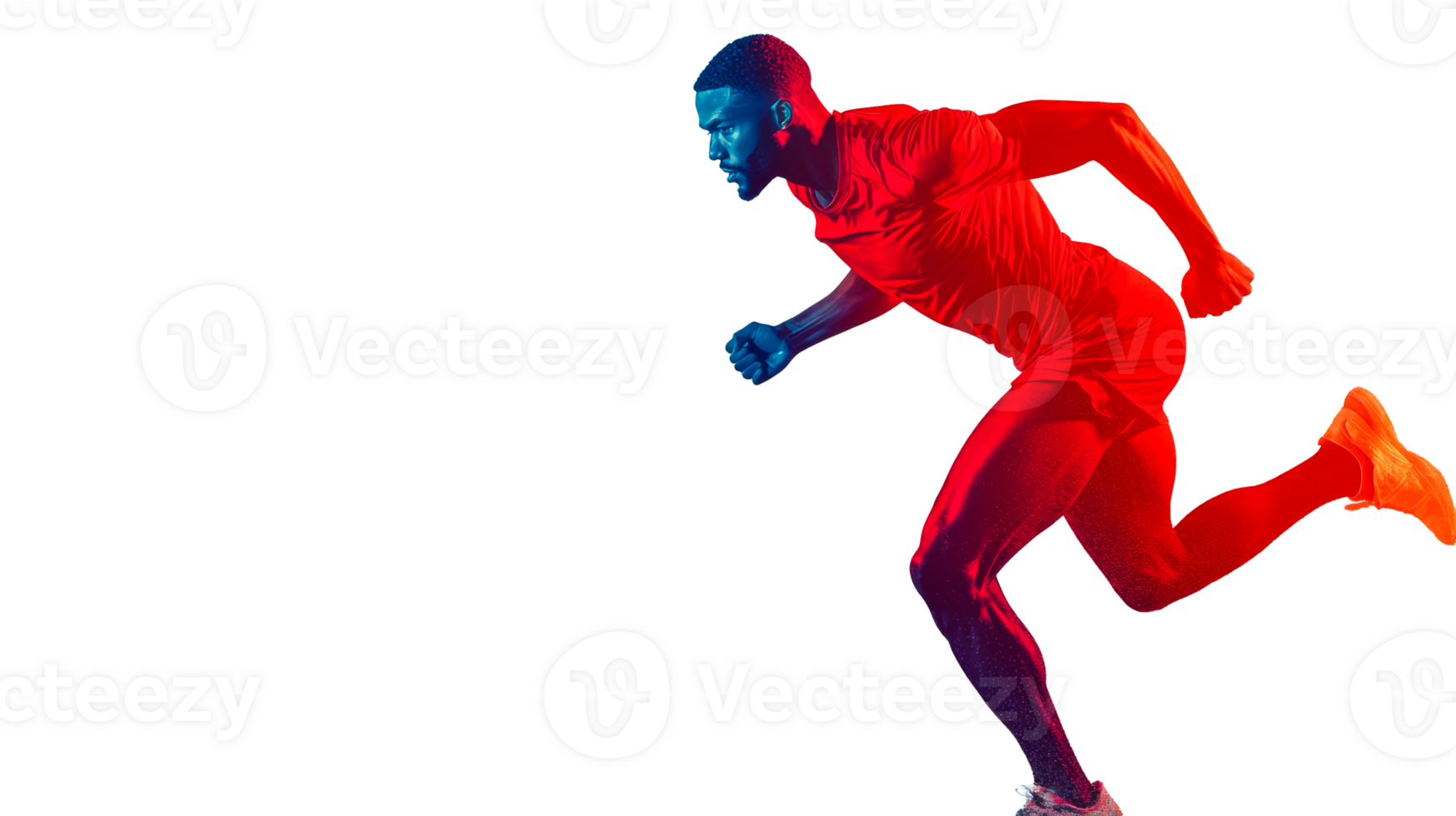 Man runner in action poses against black backdrop, cut out transparent png