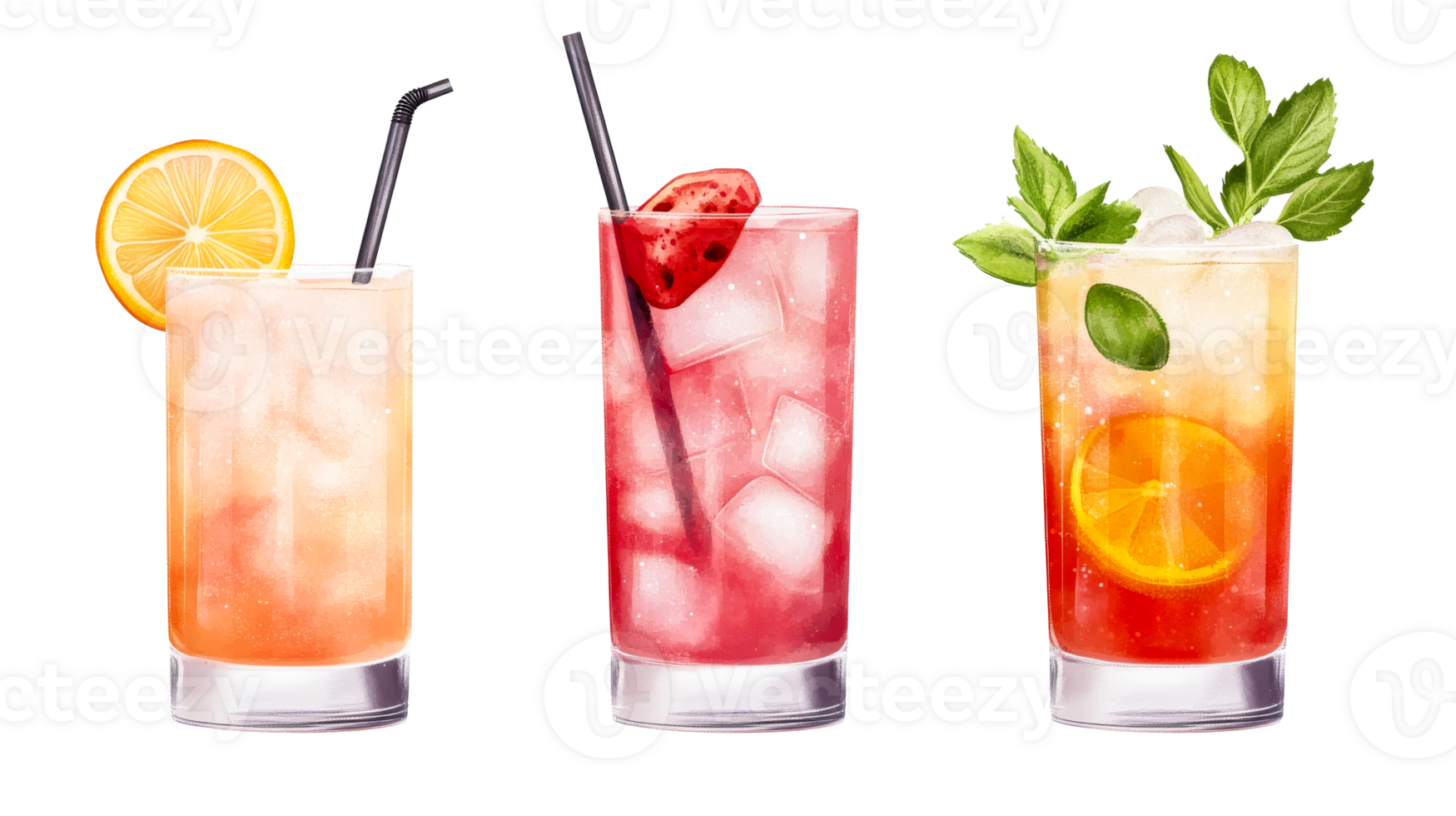 Three refreshing cocktails with ice and fruit garnish, cut out transparent png