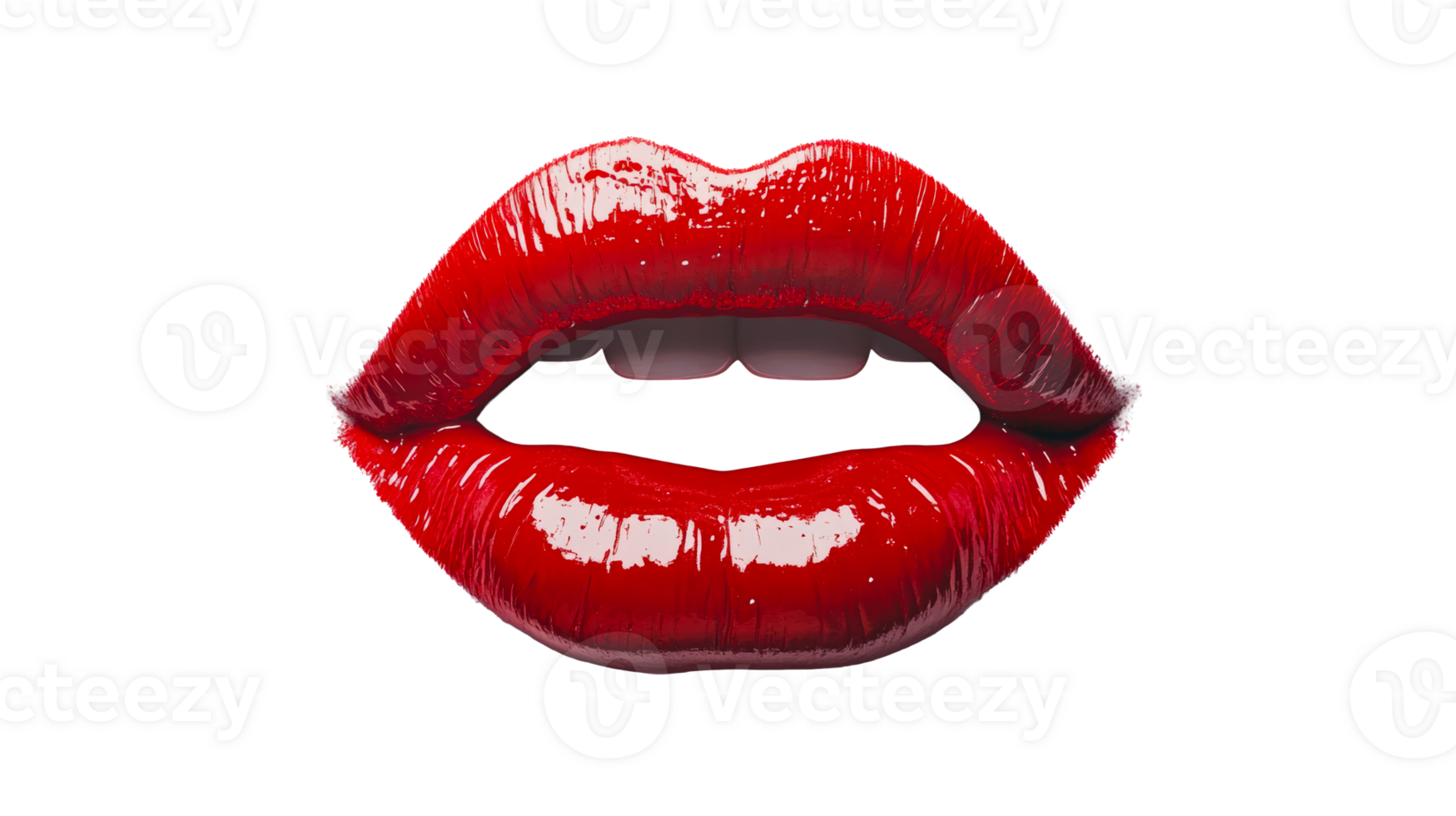 Red shiny lips in an open mouth, cut out transparent png