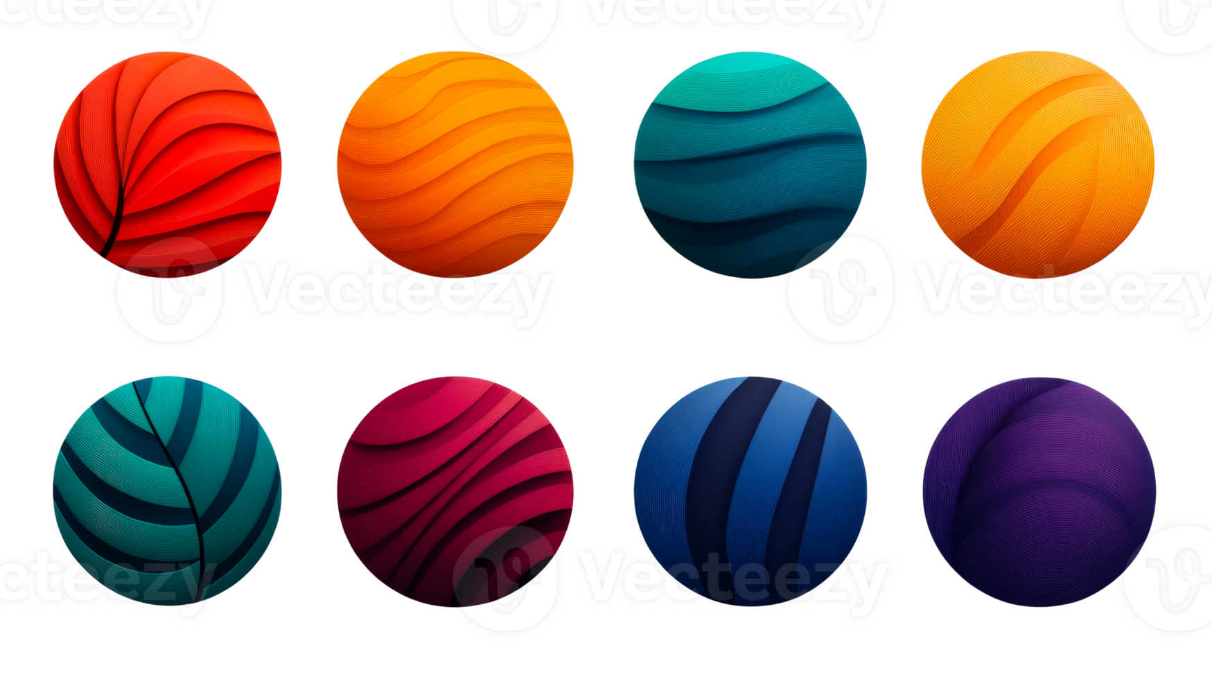 Multicolored abstract spheres with wave patterns, cut out transparent png