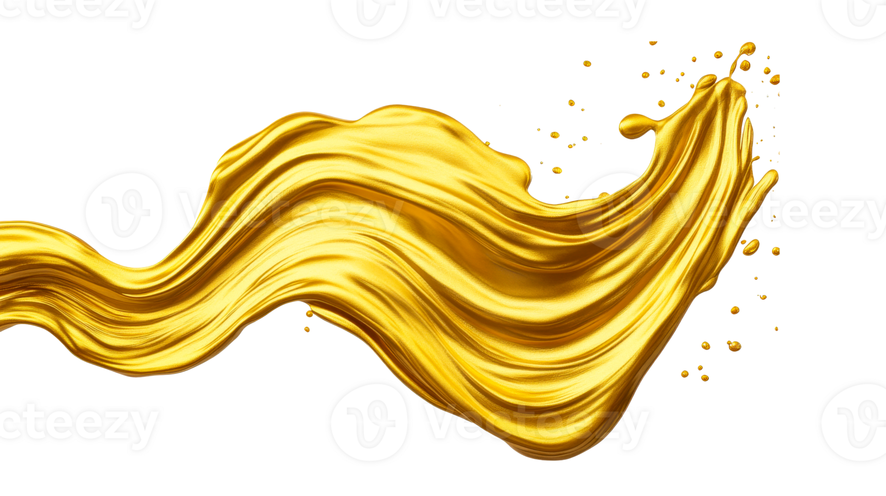 Golden flowing liquid with drops, dynamic wave effect, smooth texture, cut out transparent png