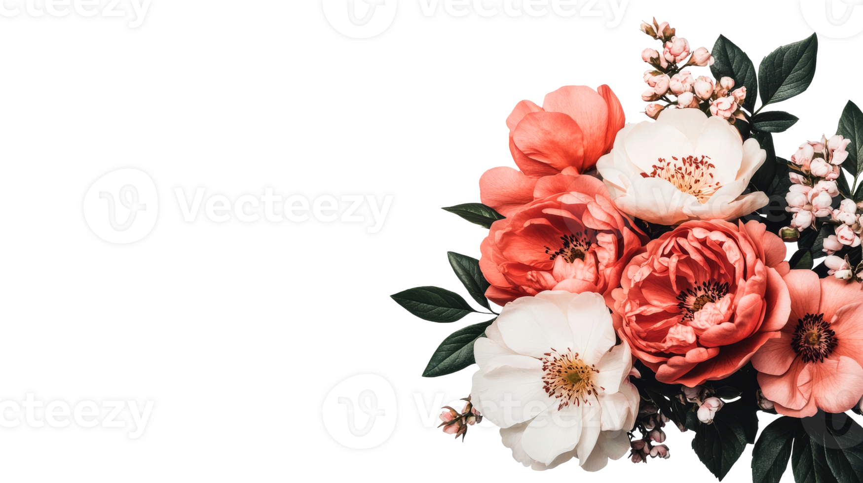 Floral arrangement with coral and white roses, cut out transparent png