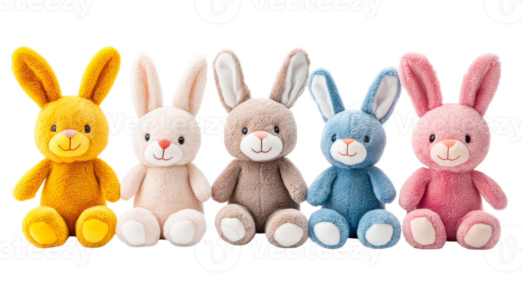 Plush bunnies in row, stuffed, colorful, toy, adorable, cut out transparent png