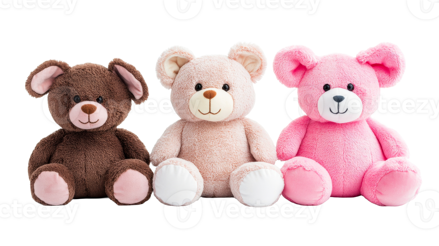 Three Teddy Bears Sit Side-by-Side, Plush Toys, Stuffed Animals, cut out transparent png