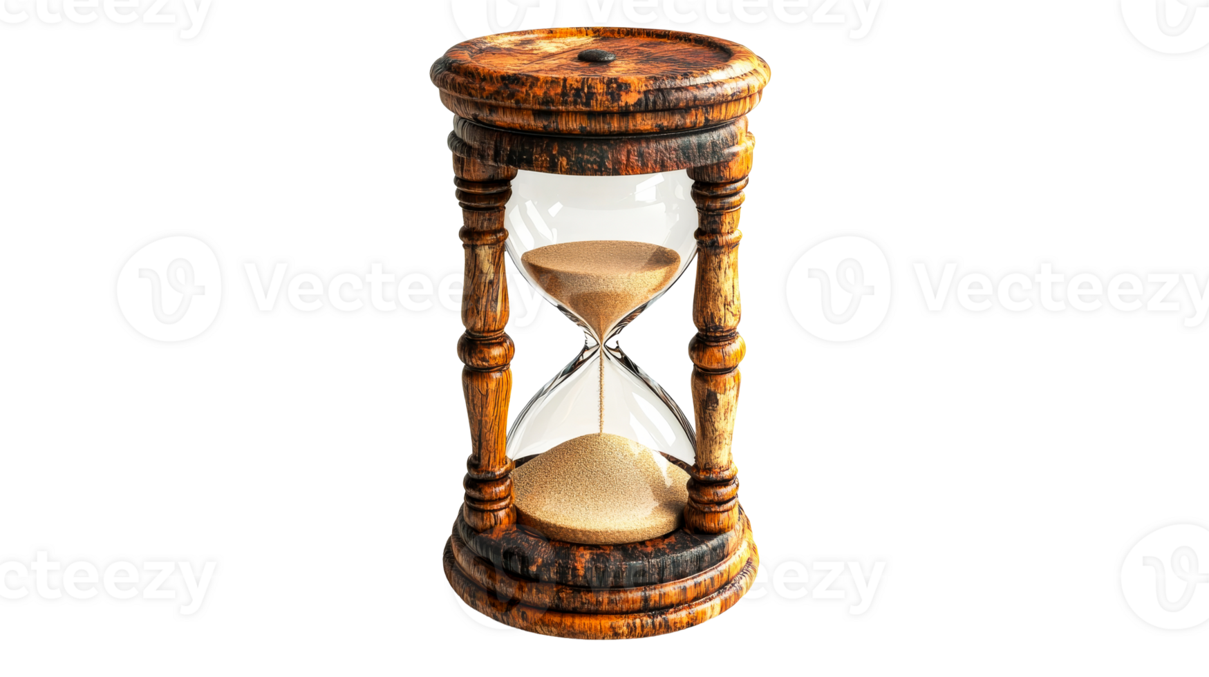 Wooden hourglass with sand, time measurement, antique, cut out transparent png