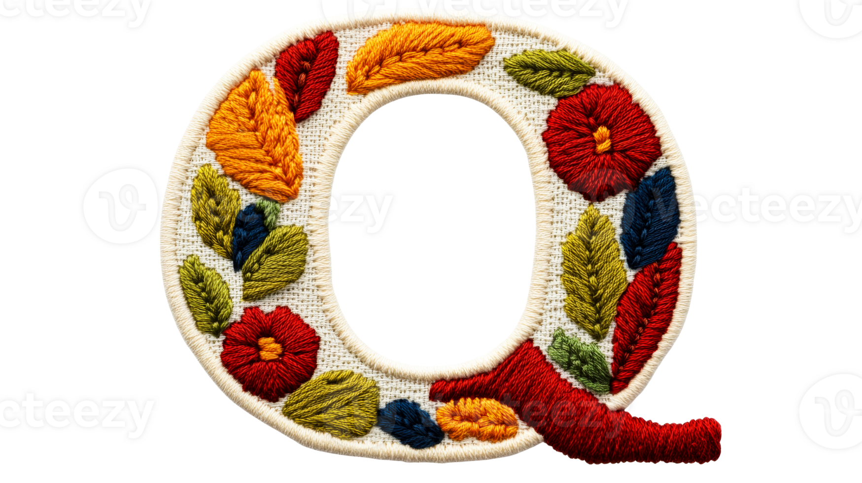 Embroidered Letter Q Textile Art with Floral and Leaf Motifs, cut out transparent png