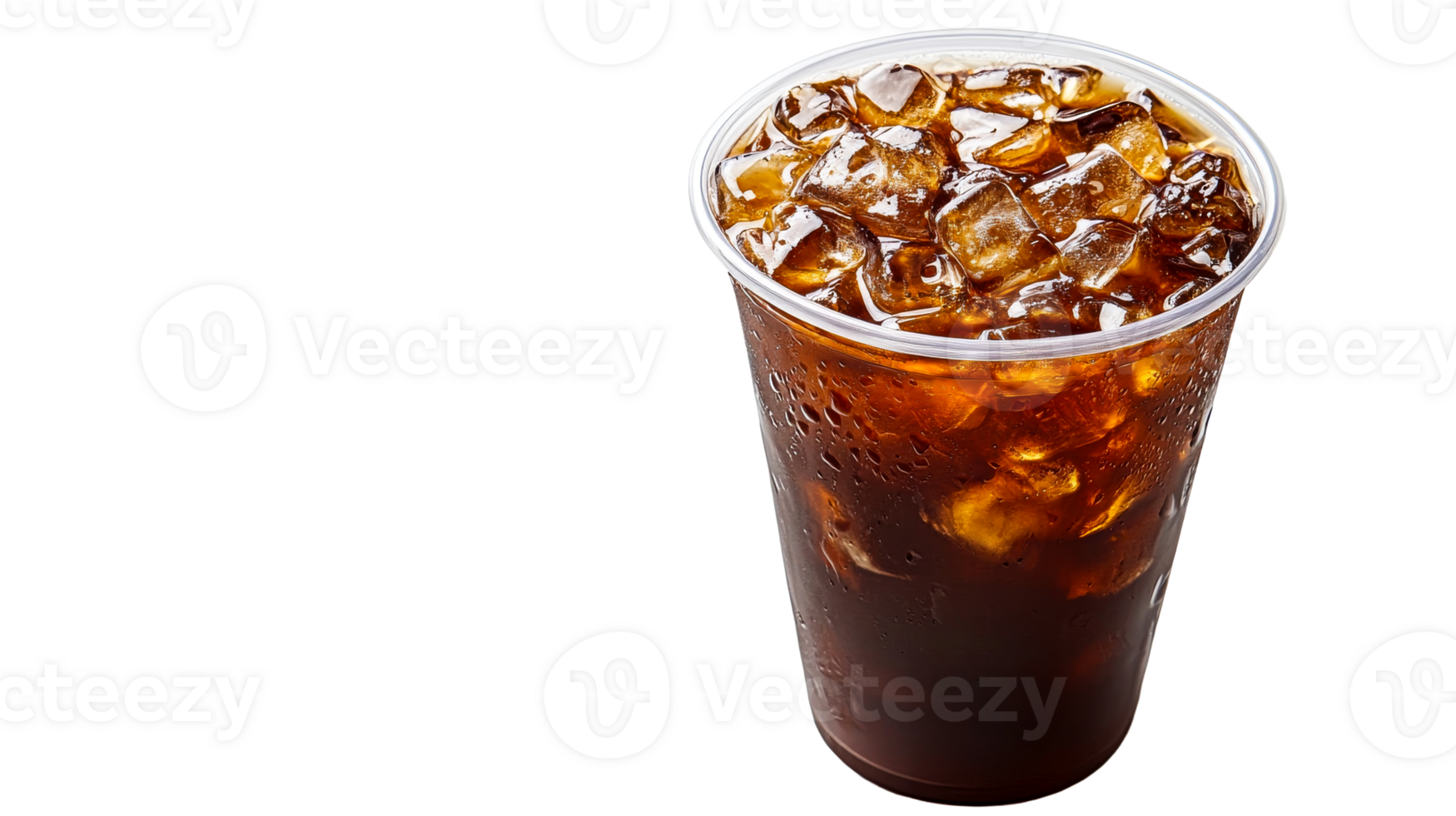 Refreshing iced coffee beverage with ice cubes in plastic cup, cut out transparent png