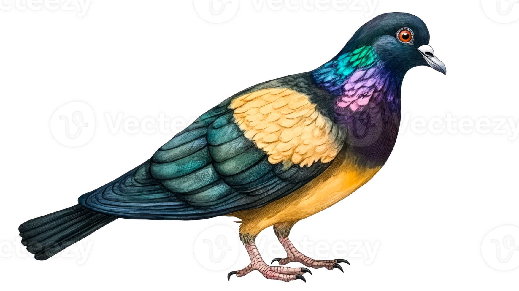 Pigeon with multicolored plumage and orange eyes, cut out transparent png
