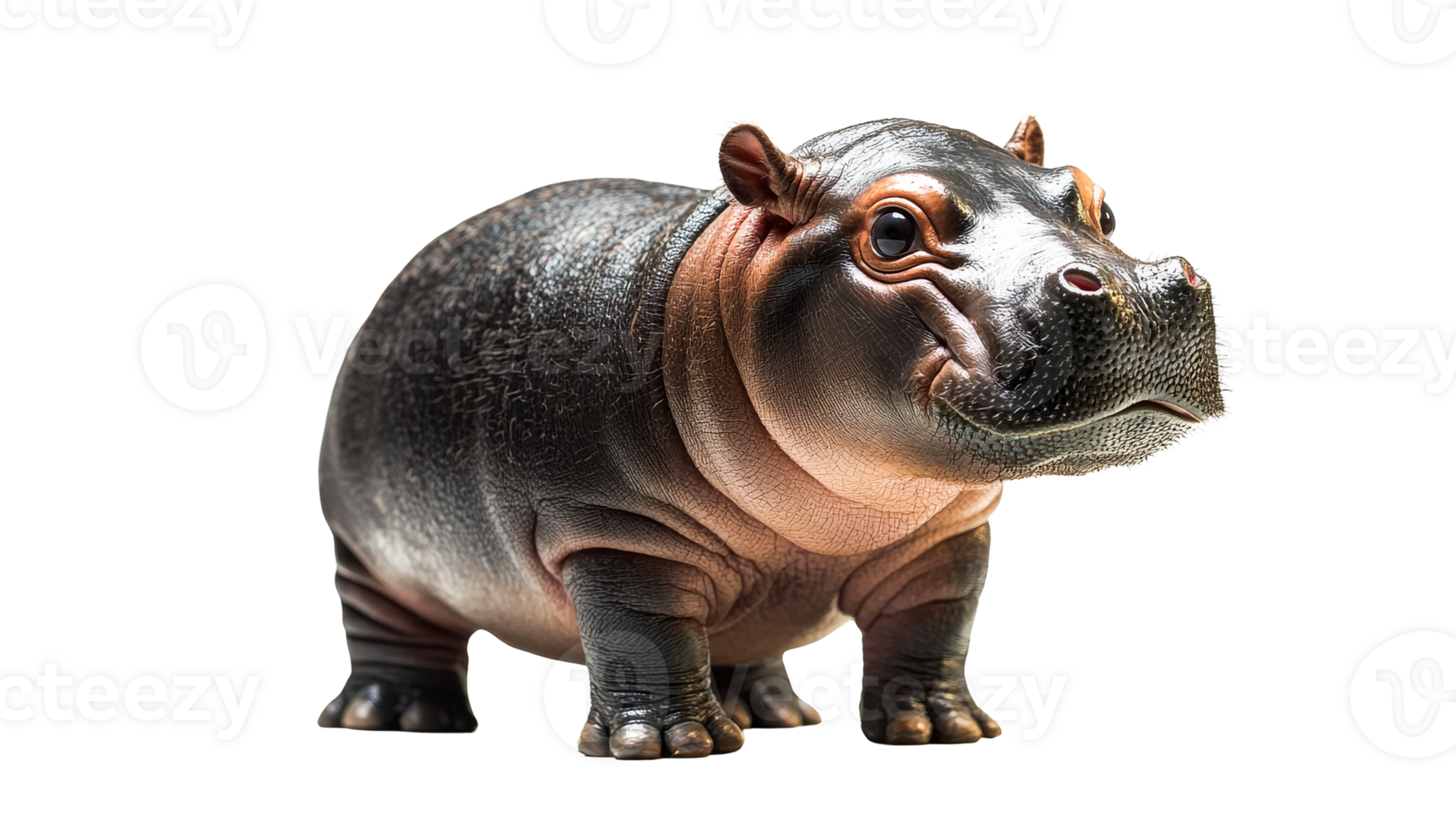 Adorable baby hippopotamus in a playful pose, isolated, cut out transparent png