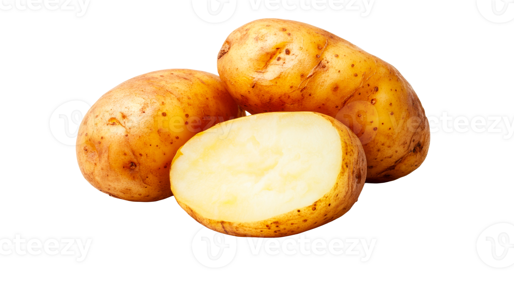 Three potatoes, one cut, raw, delicious, isolated, cut out transparent png