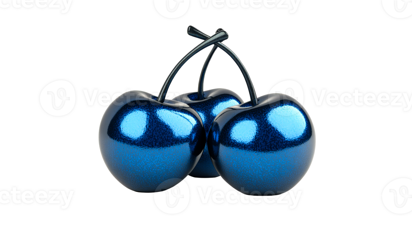 Metallic blue cherries with stems isolated on a black background, cut out transparent png