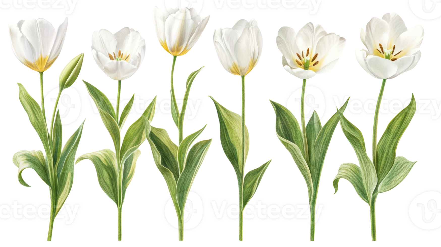 Elegant white tulips on black background, botanical illustration, cut out transparent png
