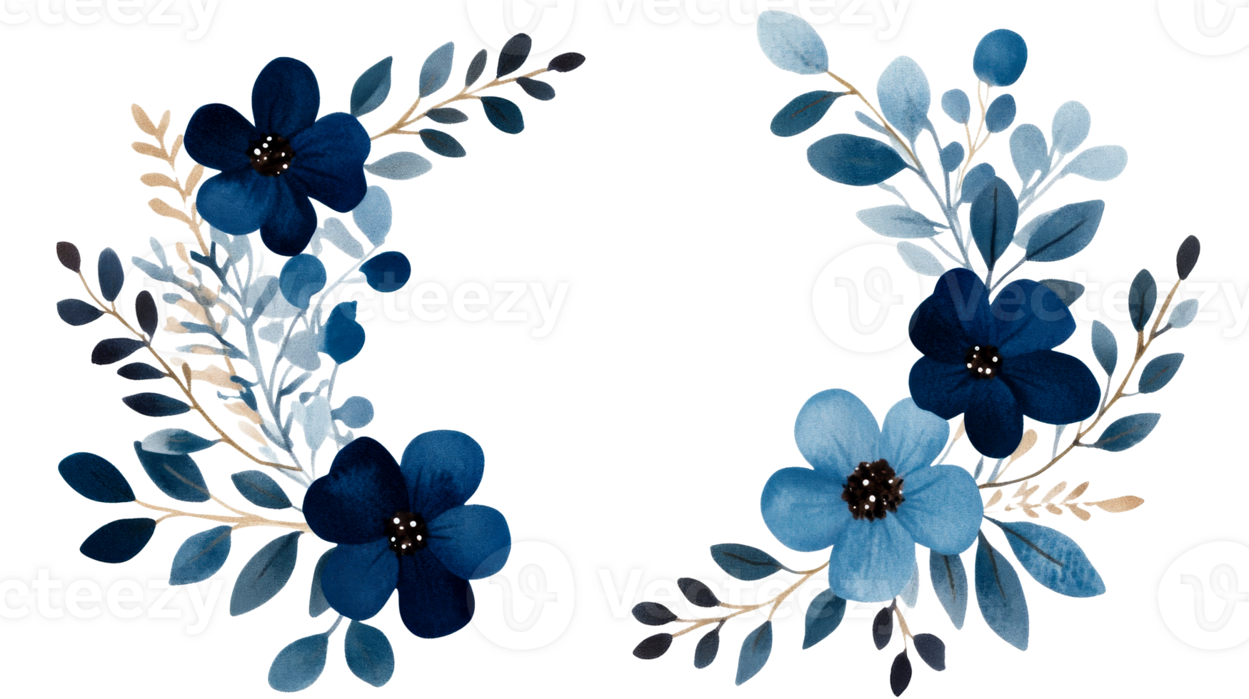 Floral Wreath with Blue Flowers and Green Leaves, elegant arrangement, cut out transparent png