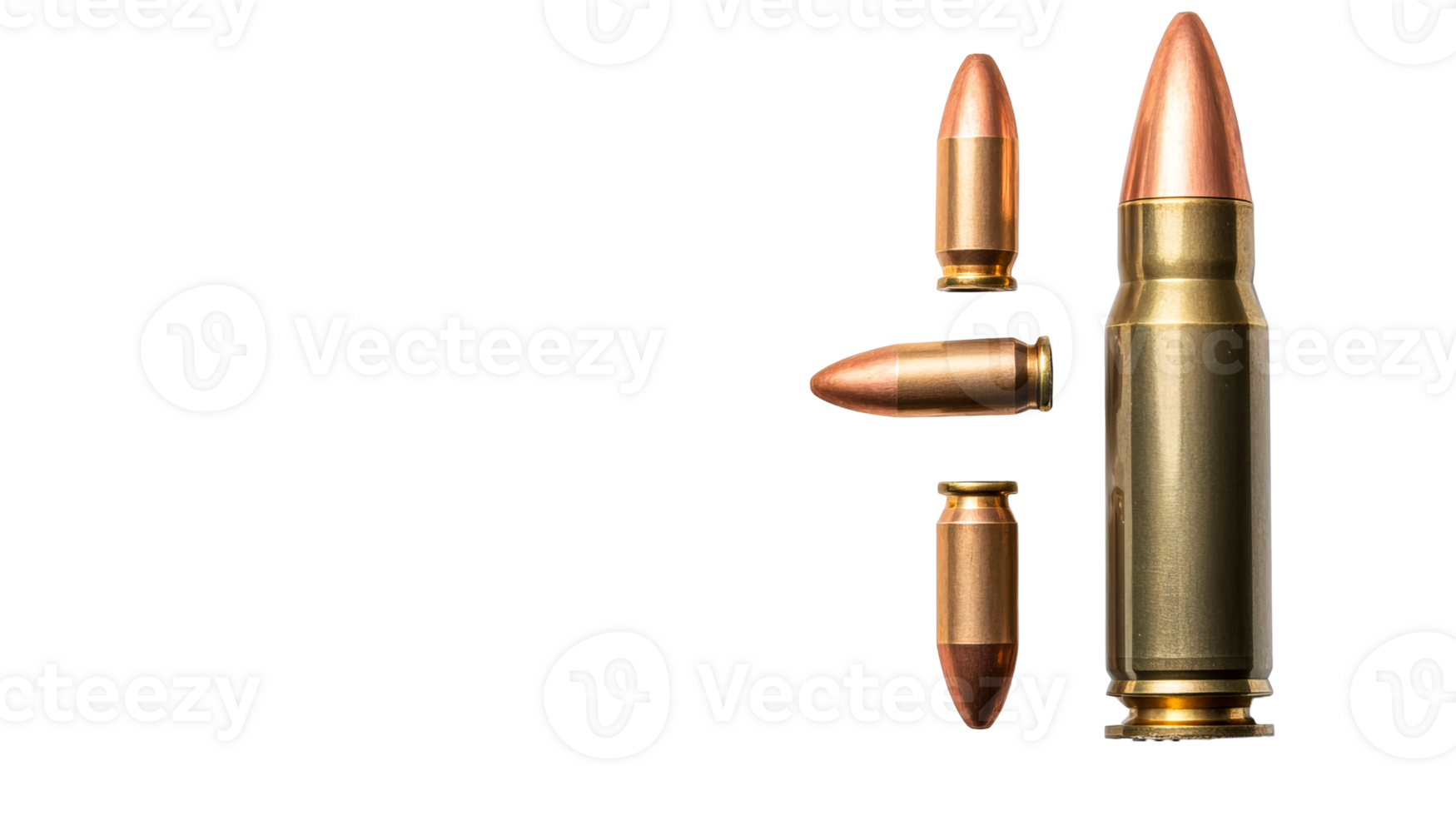 Ammunition for different types of weapons, isolated on black, cut out transparent png