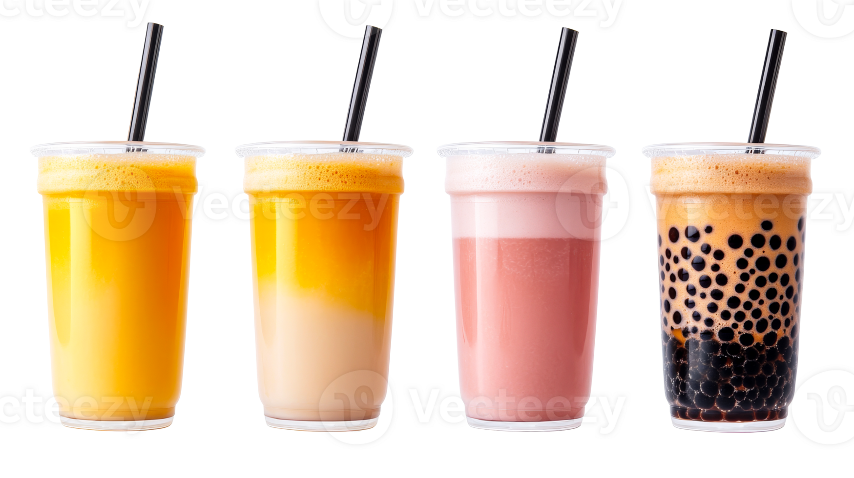 Four colorful bubble teas in plastic cups, cut out transparent png