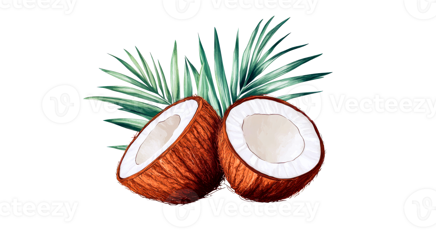 Halved coconuts with palm leaves composition, tropical fruit, cut out transparent png