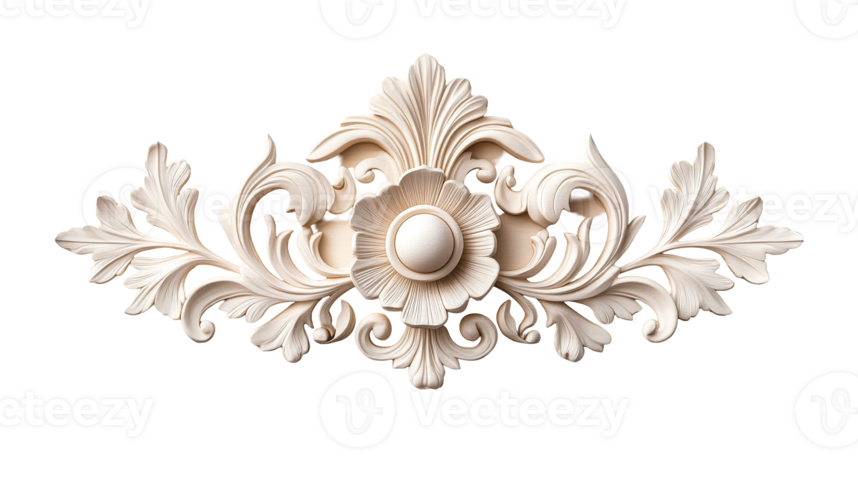 Ornament flower white plaster baroque frame decor element, cut out transparent png