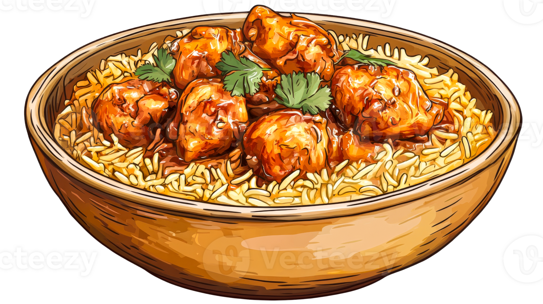 Delicious chicken with rice in wooden bowl, cut out transparent png