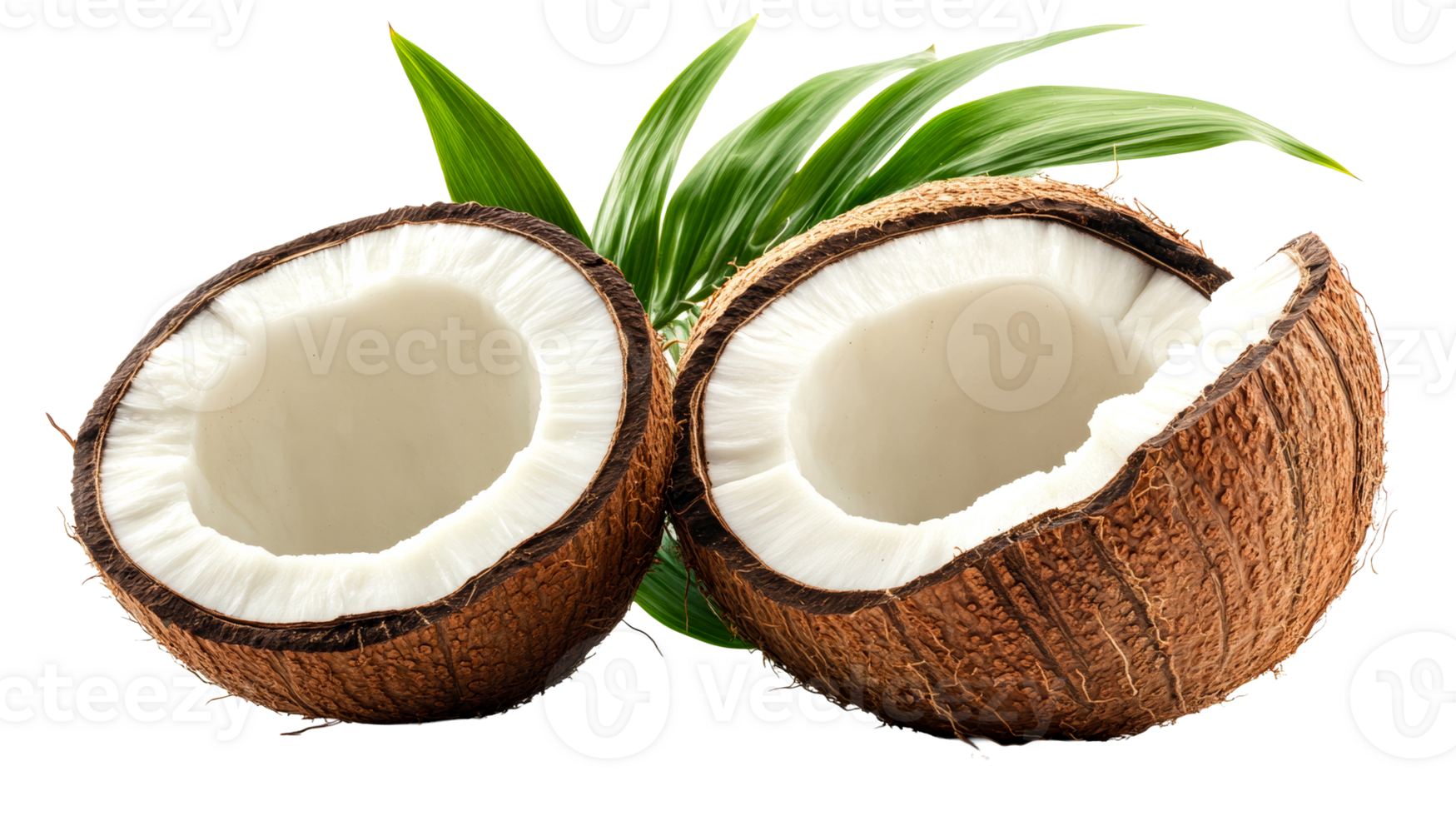 Two halved coconuts with green leaves, tropical fruit, isolated, cut out transparent png