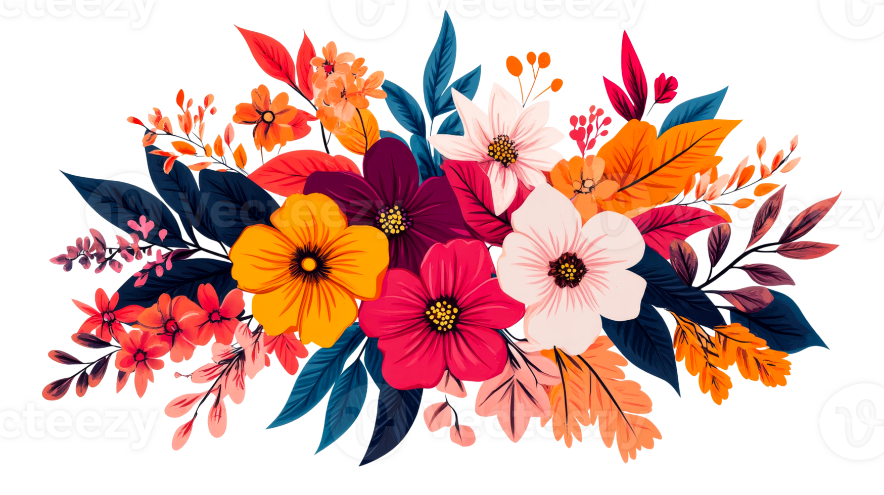 Colorful Flower Arrangement with Assorted Blooms and Leaves, cut out transparent png