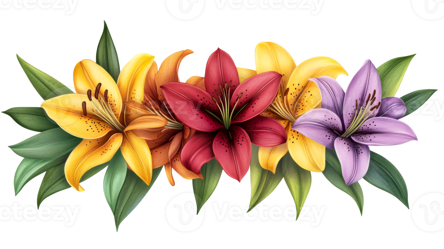Colorful lily arrangement on black background, cut out transparent png