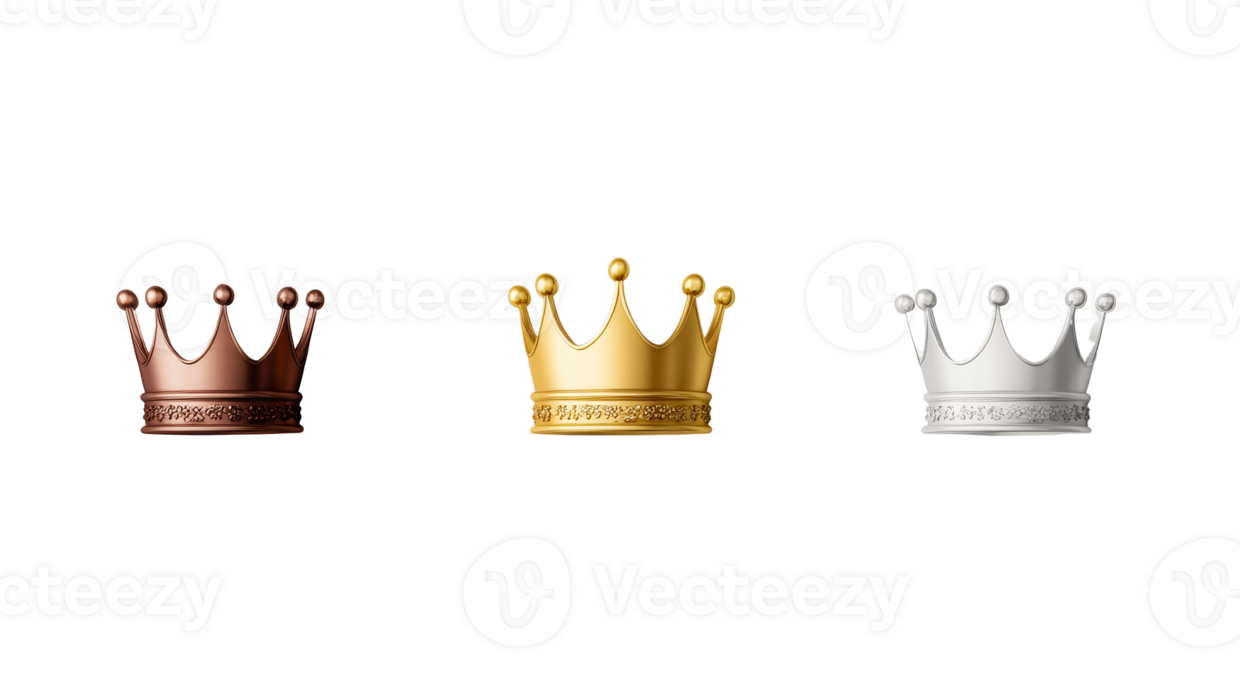 Crowns bronze gold silver, luxury royal power, achievement concept, cut out transparent png