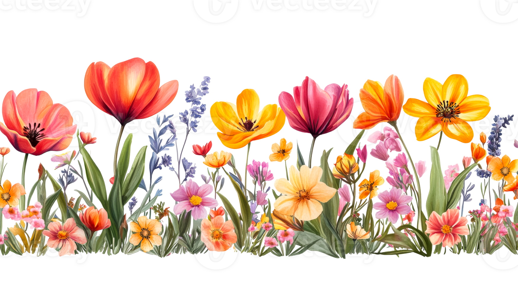 Colorful tulips and wildflowers arrangement, bright spring meadow, cut out transparent png