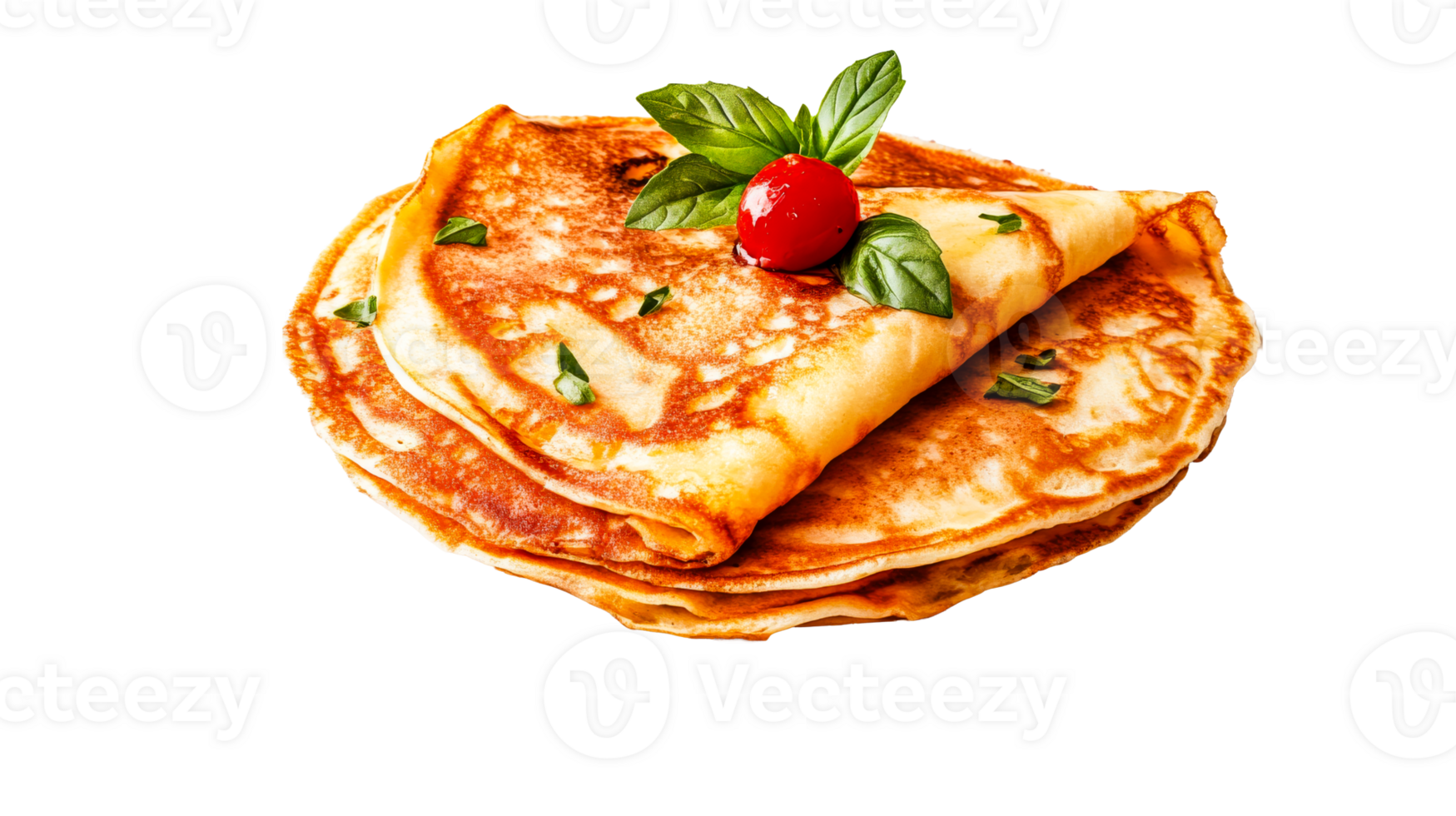 Crepes with tomato and basil garnish, on black background, cut out transparent png
