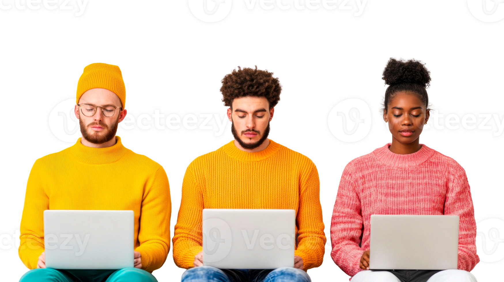 People working laptop diverse colorful sweaters, cut out transparent png