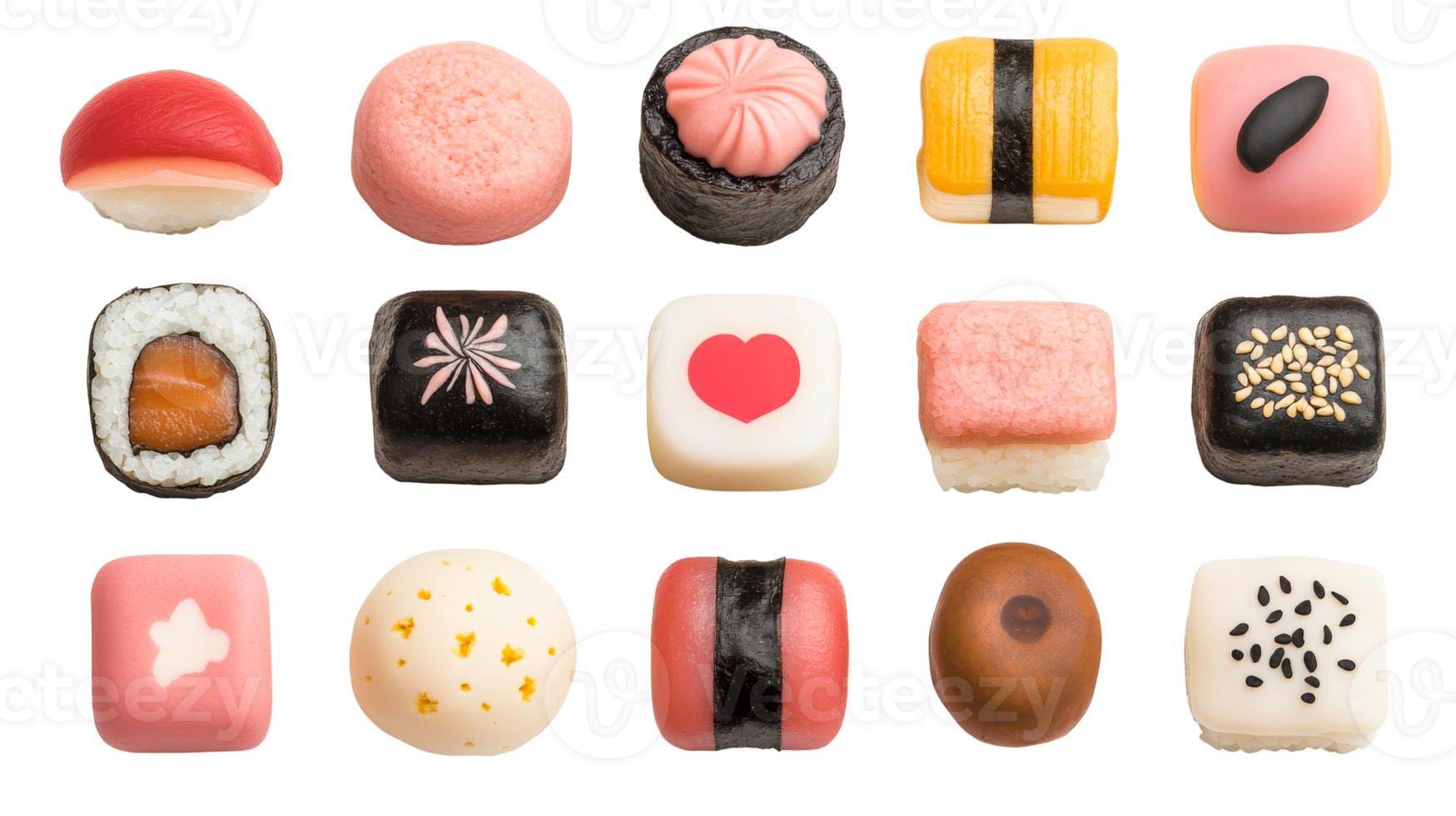 Assorted decorative sushi, creative design, unique shapes, isolated, cut out transparent png