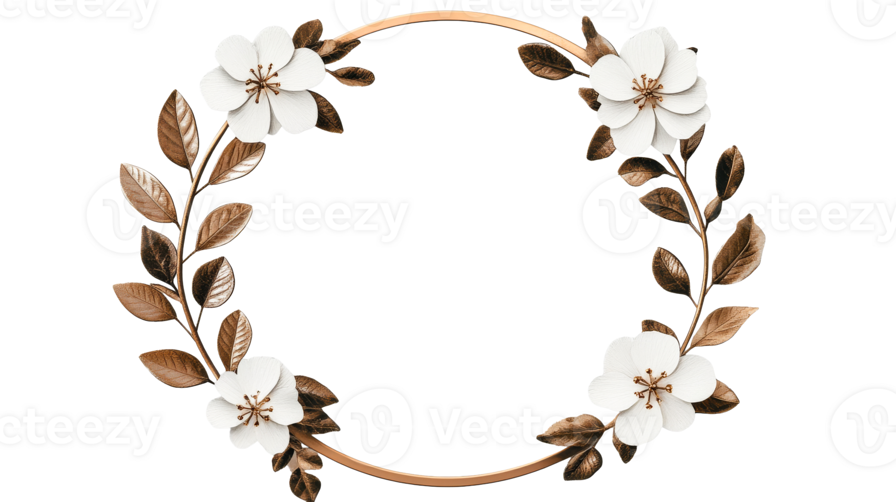 Elegant floral frame with white flowers and bronze leaves, cut out transparent png