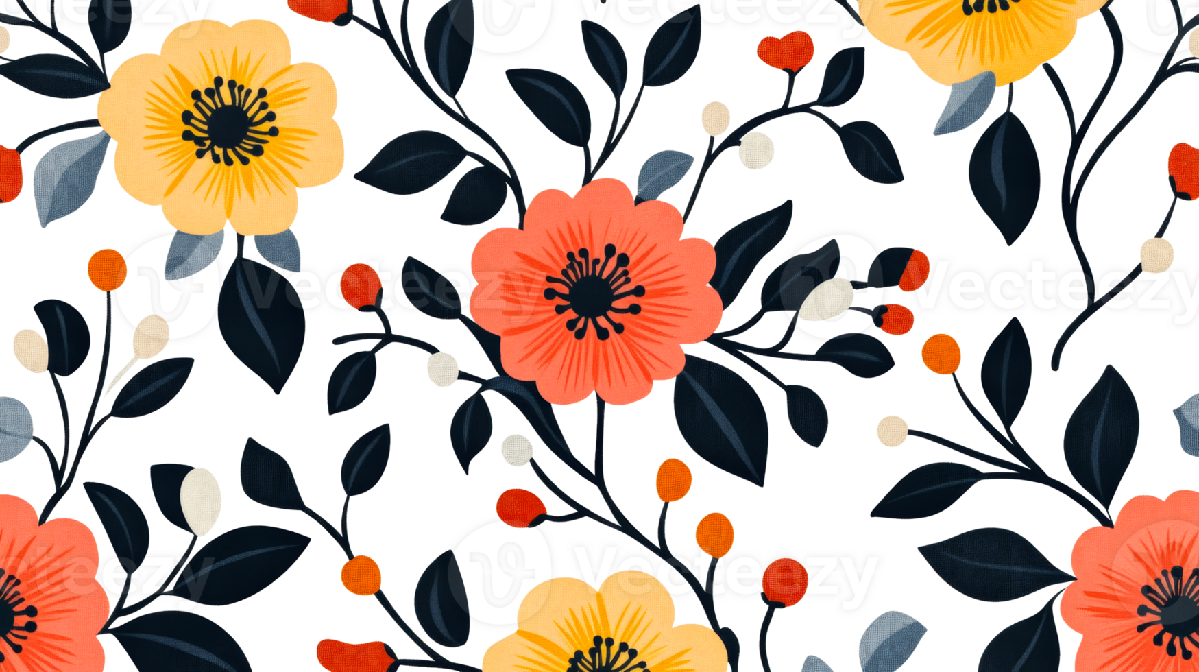 Elegant Floral Pattern with Yellow and Red Flowers, cut out transparent png
