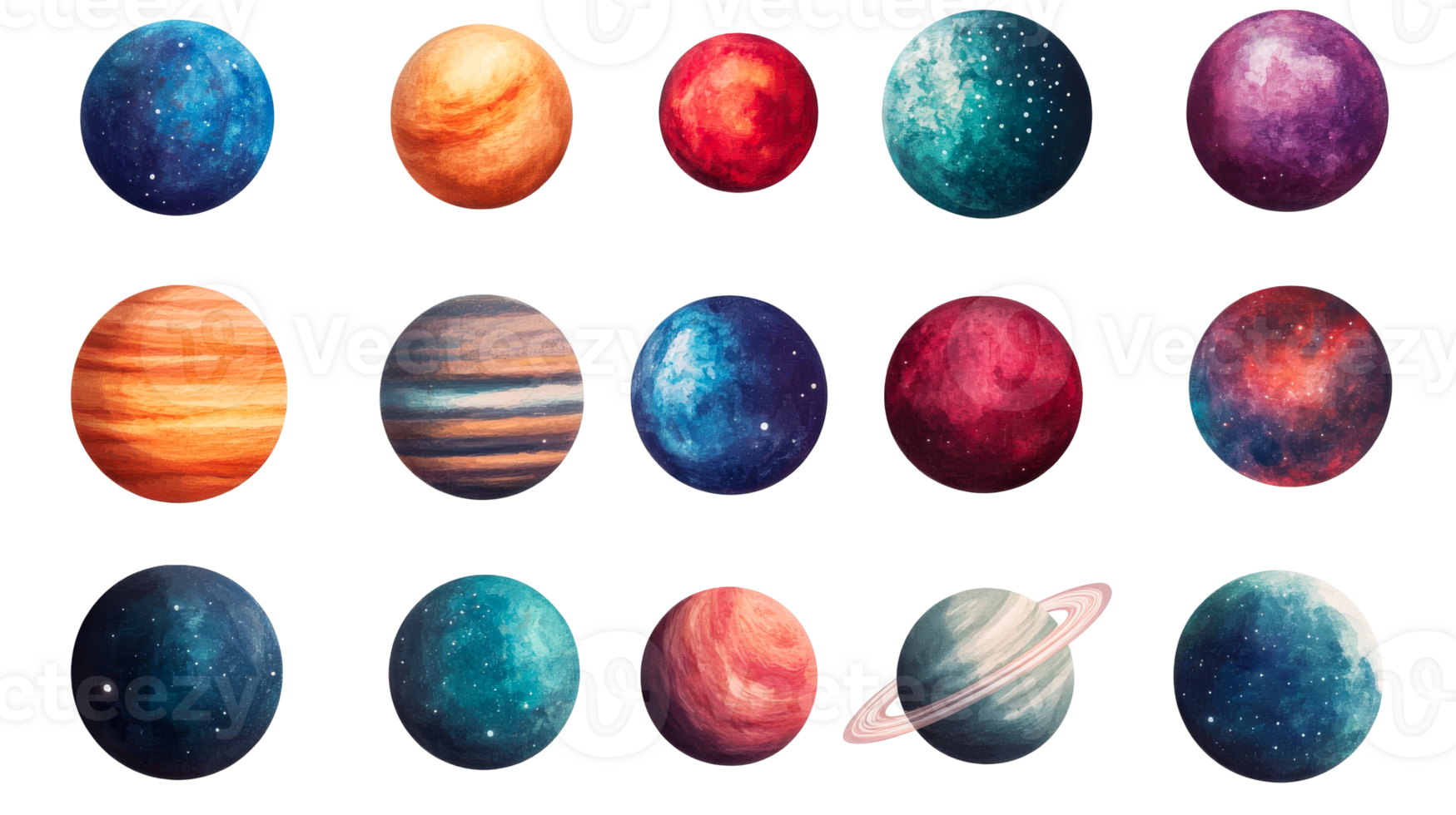 Watercolor planets collection, hand drawn space objects, cut out transparent png