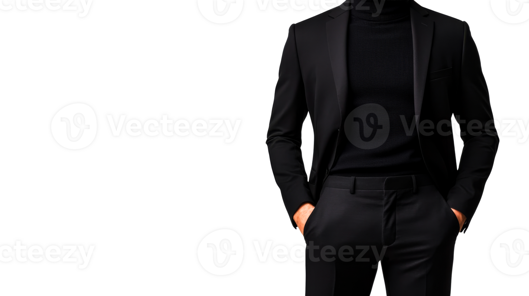 Man in black suit with turtleneck, hands in pockets, cut out transparent png