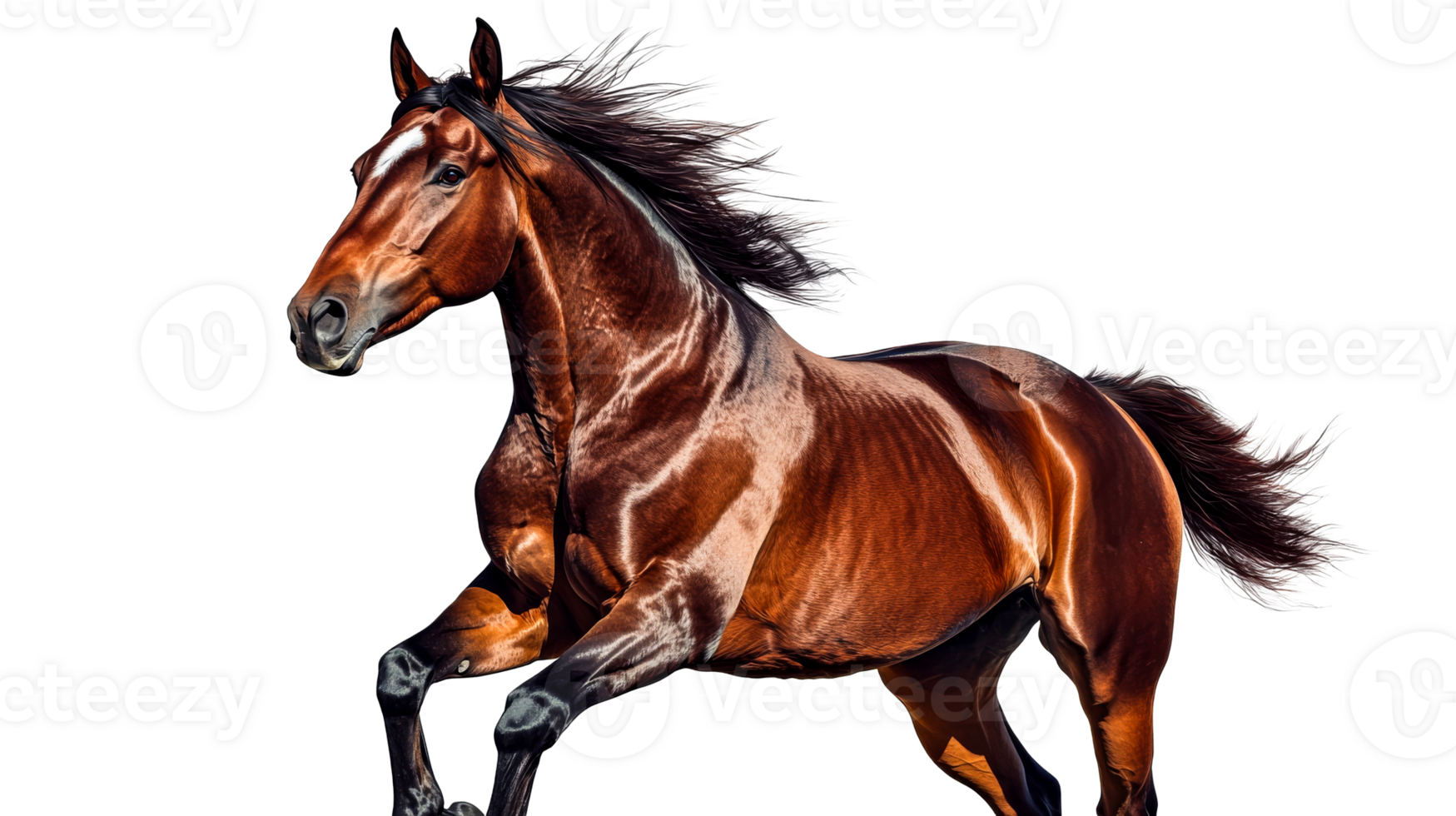 Chestnut horse gallops with windblown mane and tail, cut out transparent png