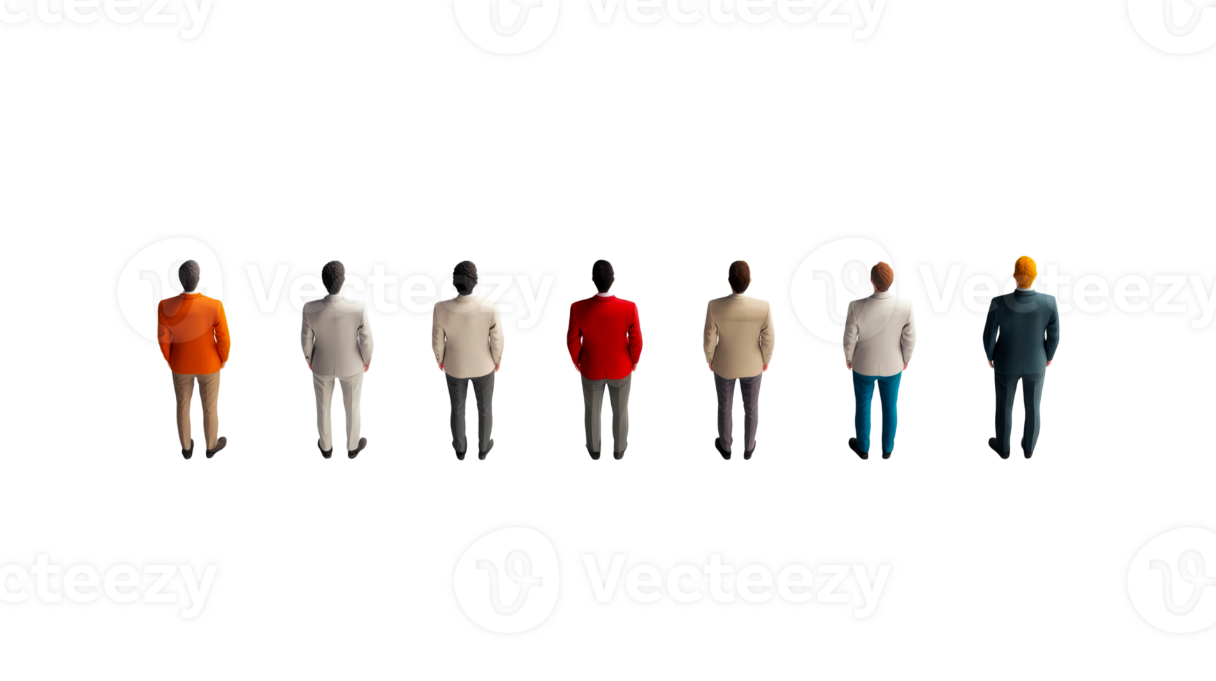 Group of men from the back in suits of different colors, cut out transparent png
