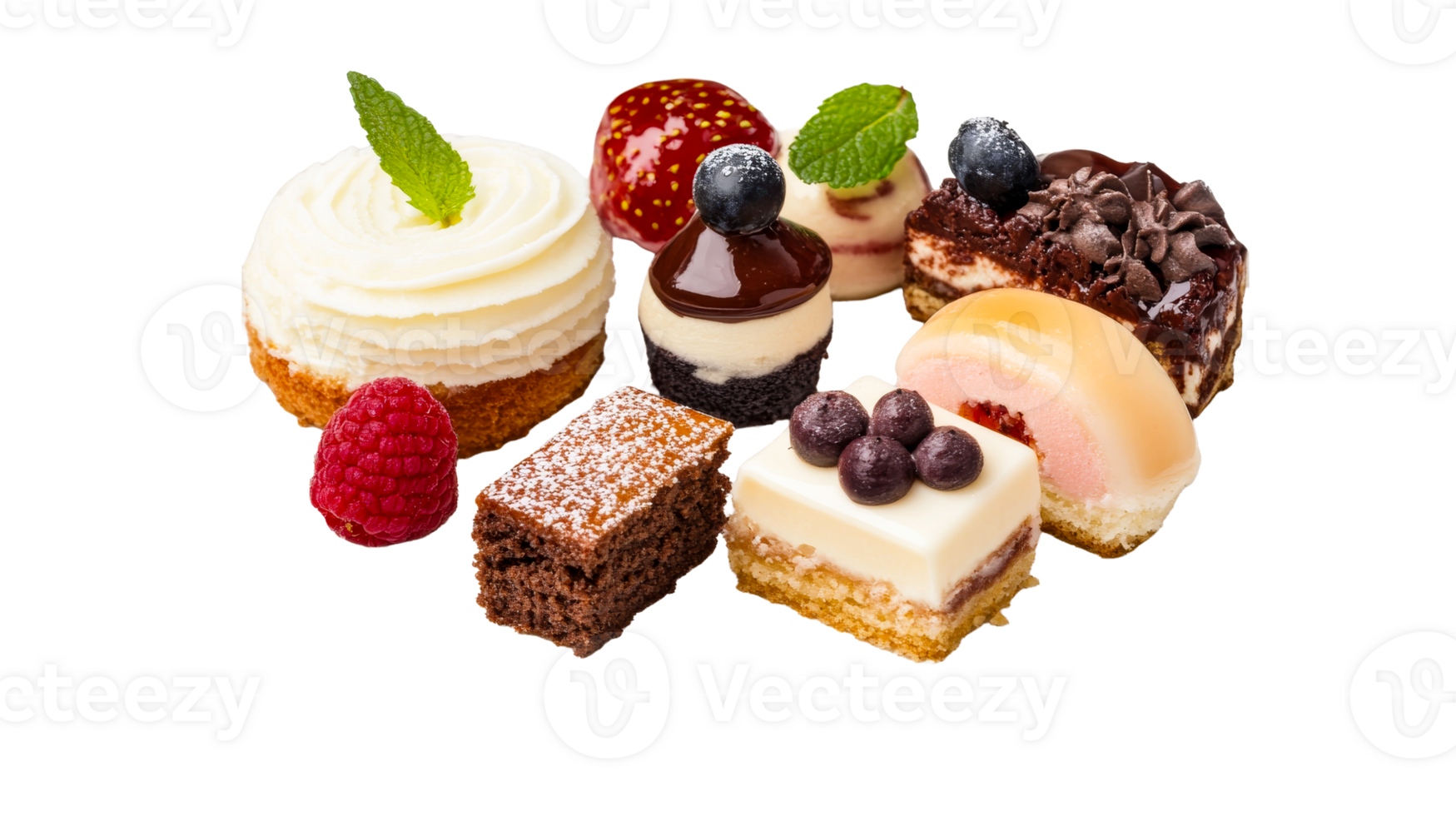 Assortment of cakes and berries, cut out transparent png