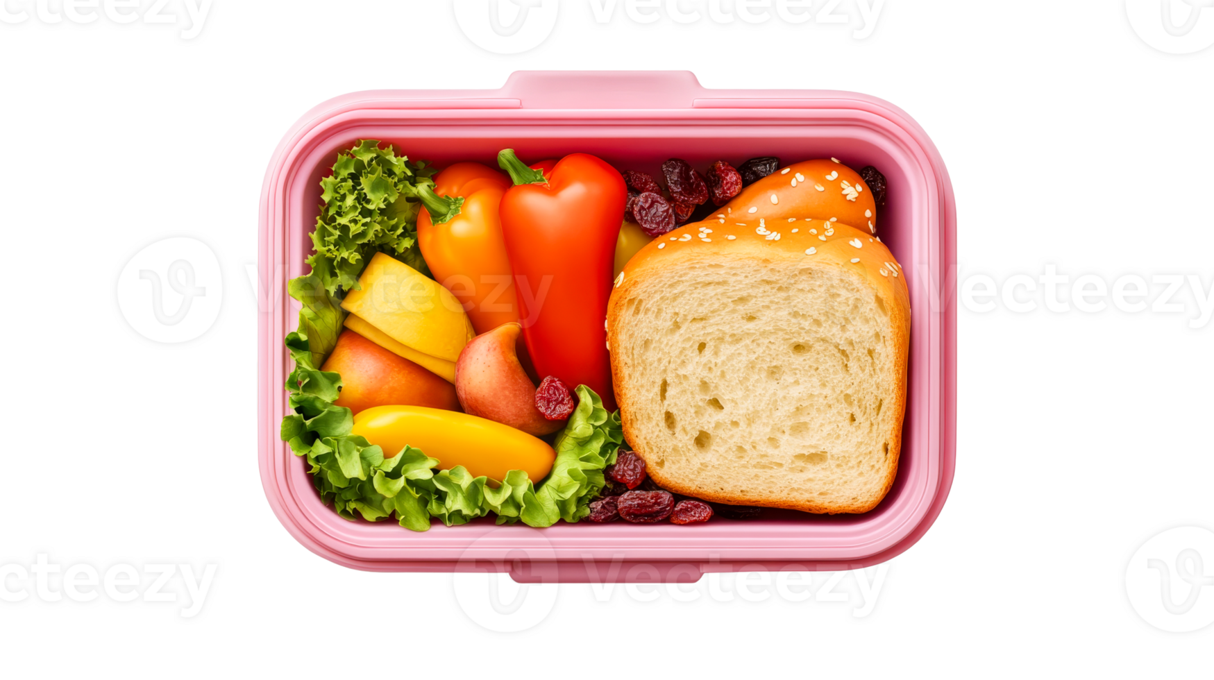 Lunchbox with sandwich and vegetables, overhead shot, cut out transparent png