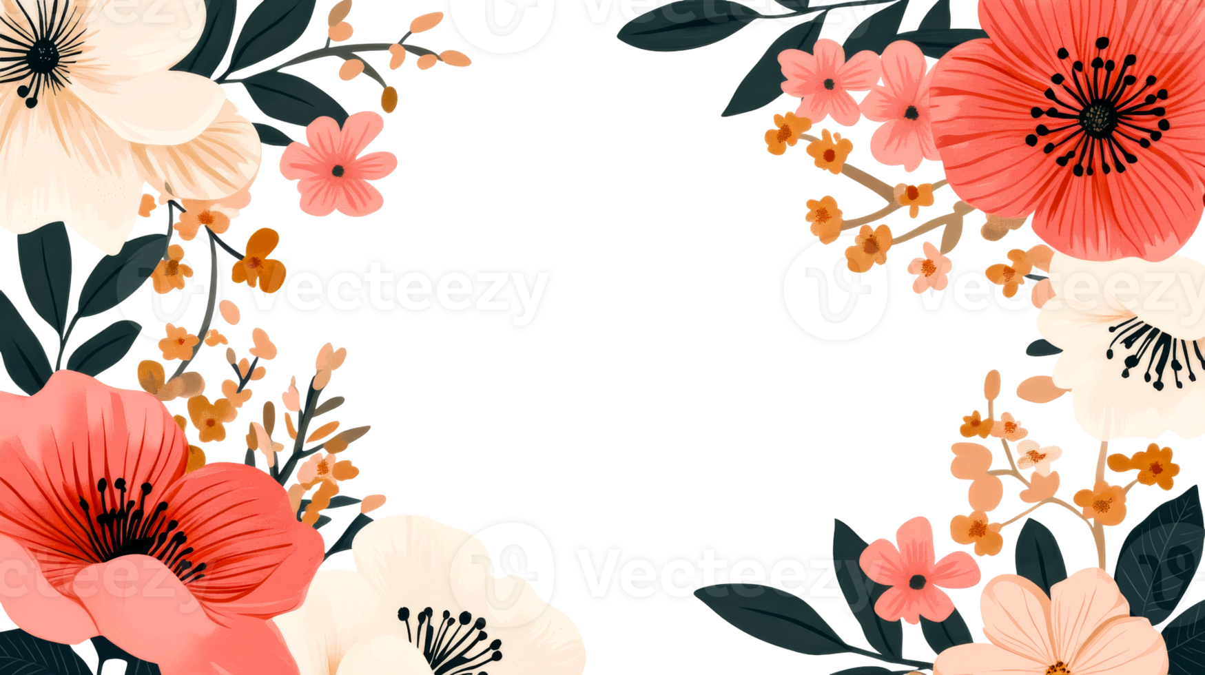 Floral frame with pink and white flowers and dark leaves, cut out transparent png