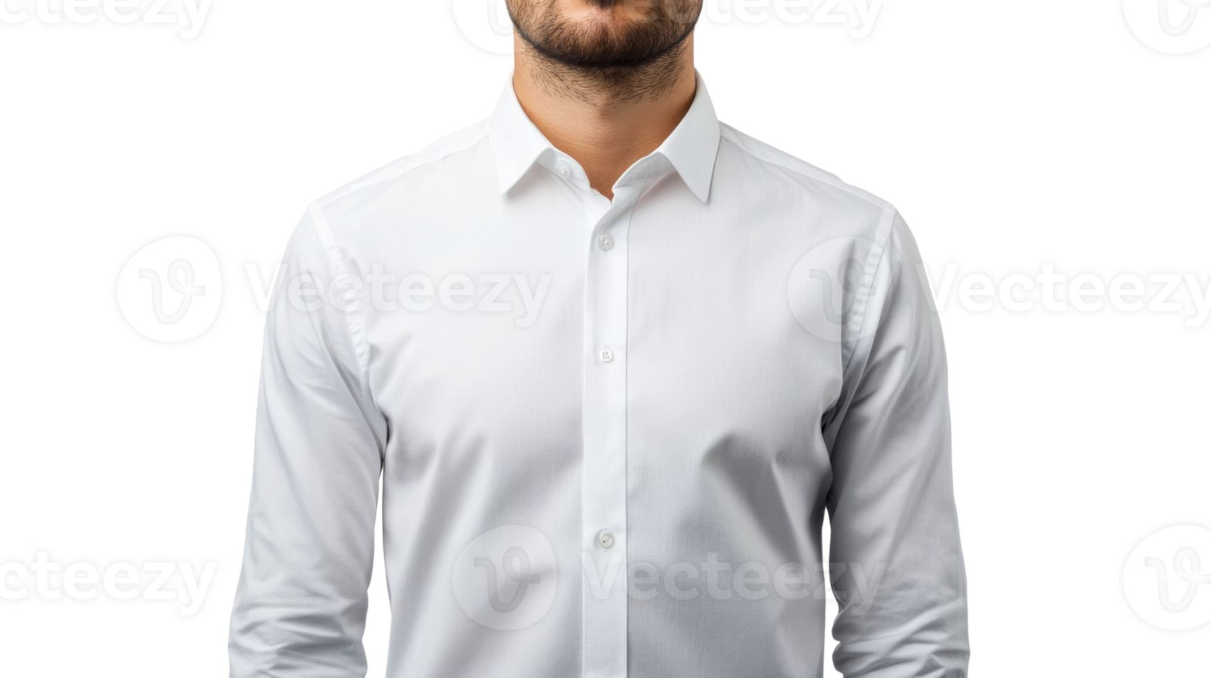 Man's torso in white shirt with beard, cut out transparent png