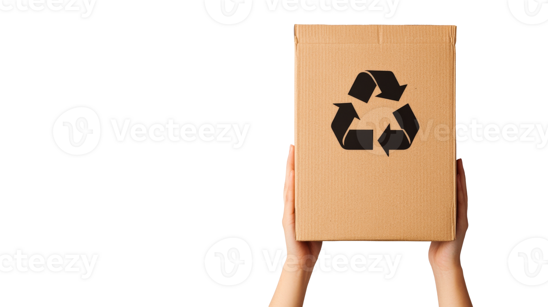Hands holding cardboard box with recycle symbol, cut out transparent png