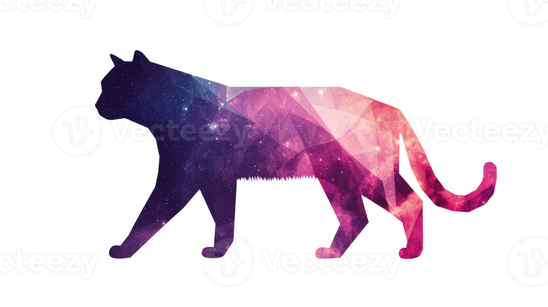 Feline silhouette galaxy design, walking forward, cosmic illustration, cut out transparent png