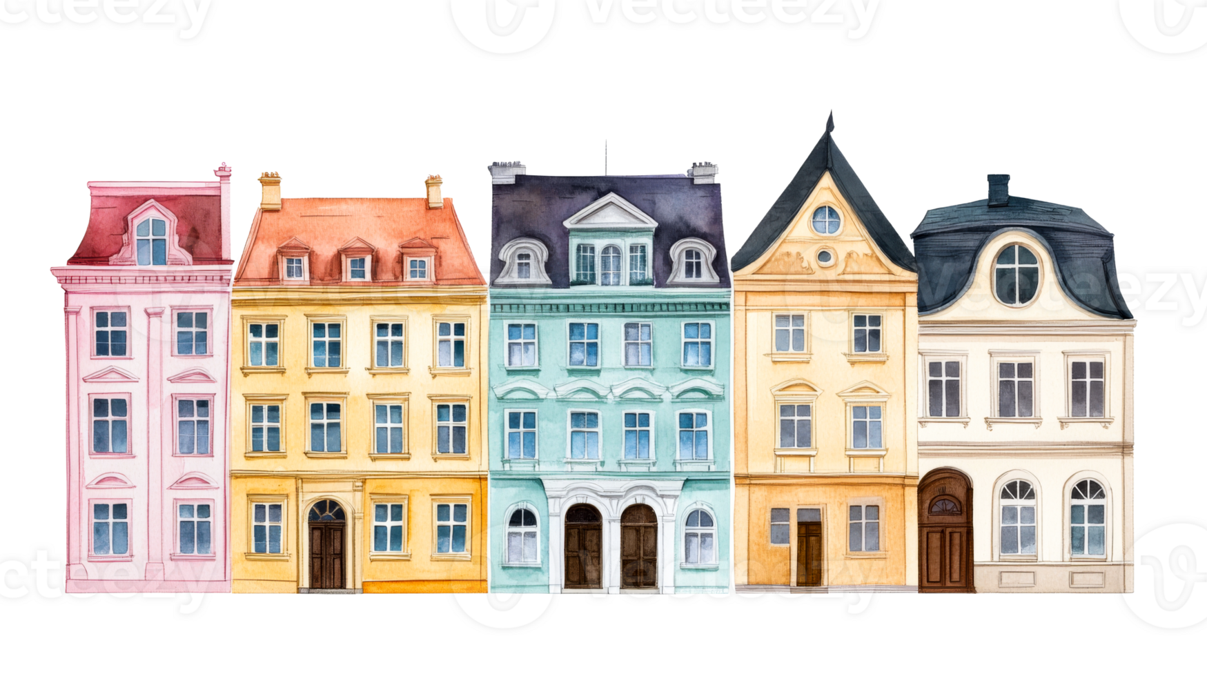 Row of colorful European houses with different architecture, cut out transparent png