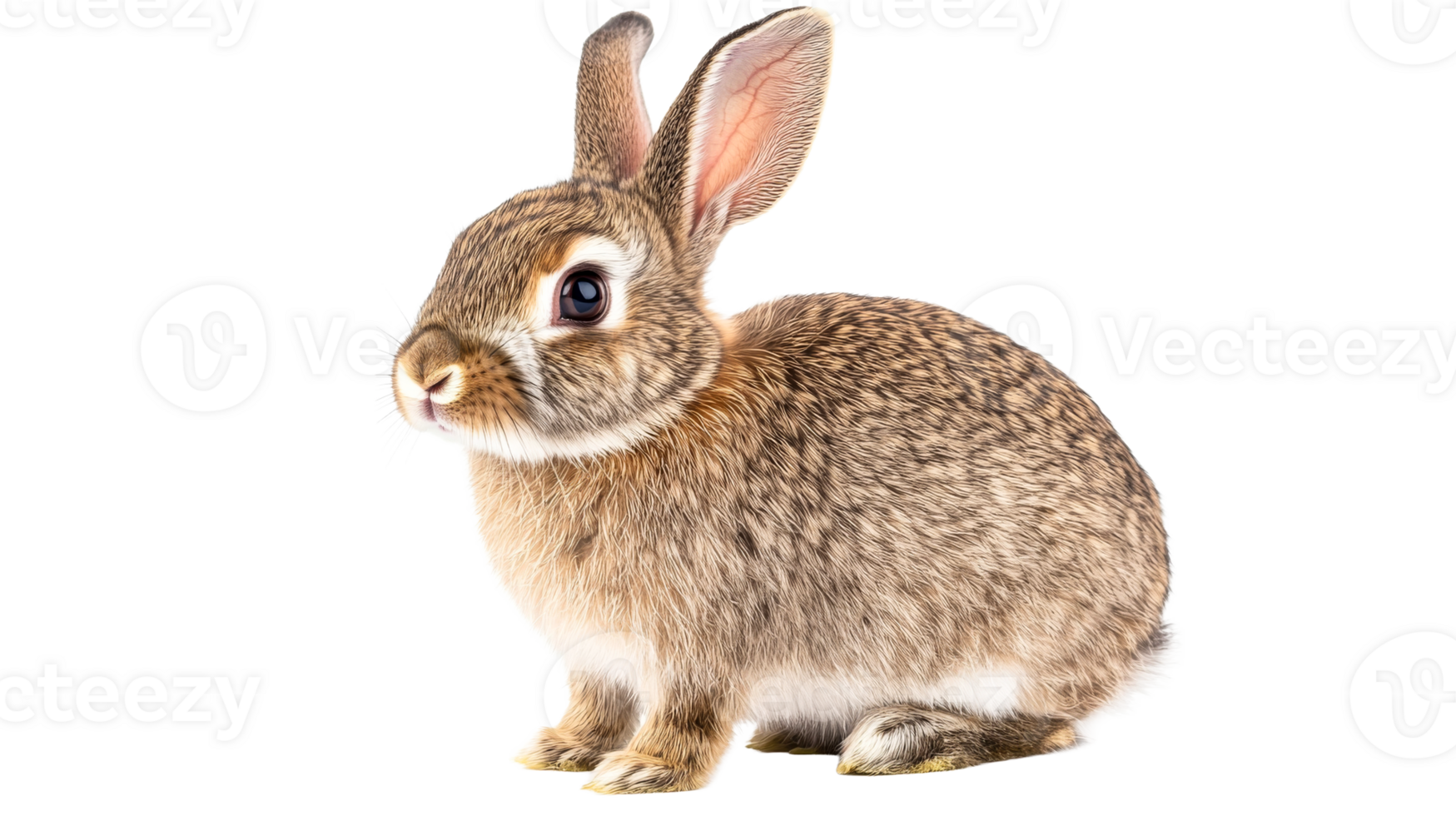 Cute fluffy bunny with brown fur sitting, looking ahead, cut out transparent png