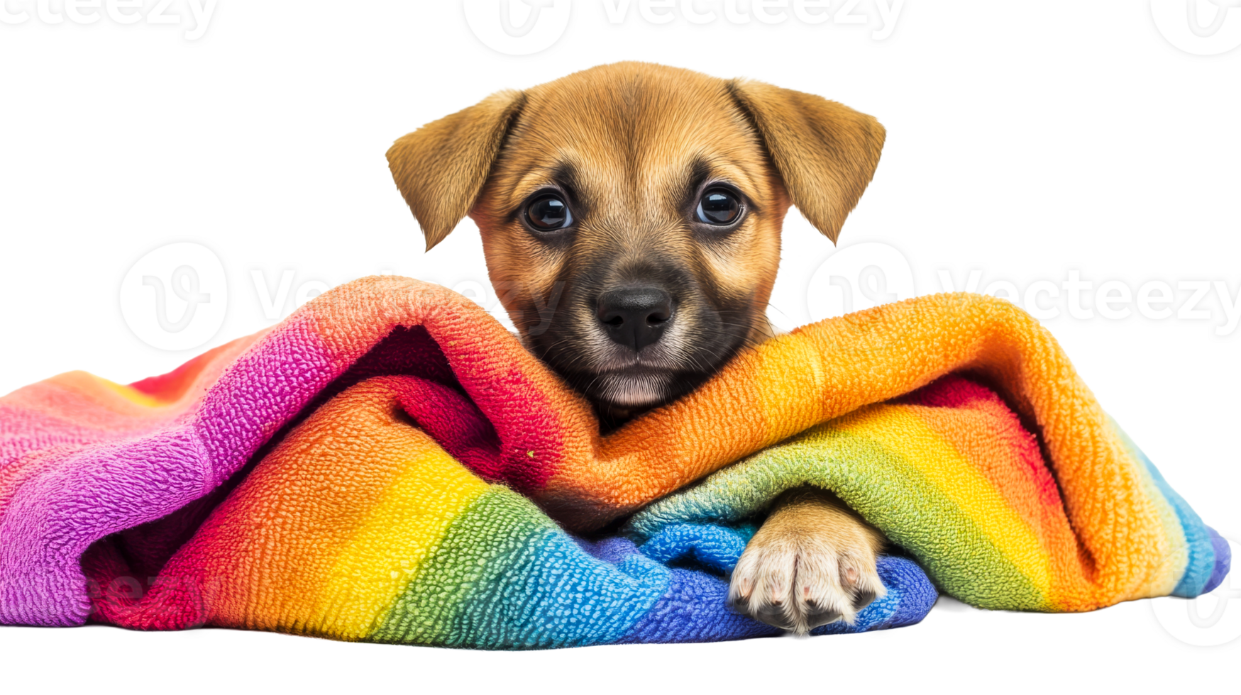 Brown puppy wrapped in rainbow towel, animal friendship, tenderness, happiness, cut out transparent png